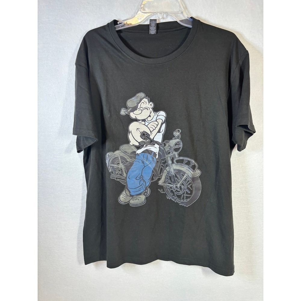 Popeye the Sailor Man Biker Motorcycle Graphic T-Shirt Black Mens Large Cotton